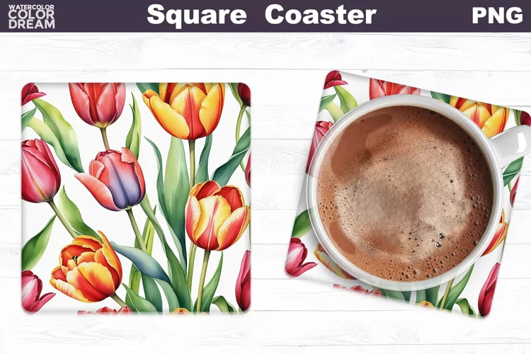 Watercolor Tulip Square Coaster | Spring Flowers Coaster