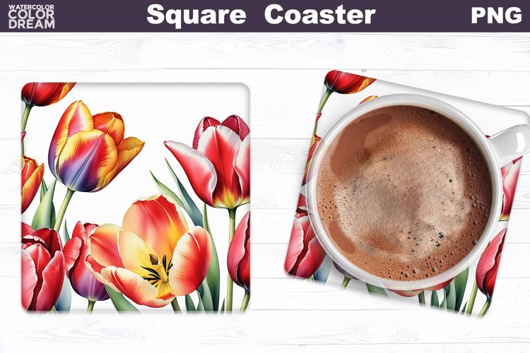 Watercolor Tulip Square Coaster | Spring Flowers Coaster example image 1