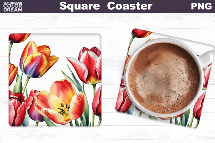 Watercolor Tulip Square Coaster | Spring Flowers Coaster