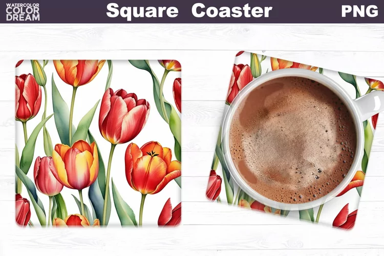 Watercolor Tulip Square Coaster | Spring Flowers Coaster