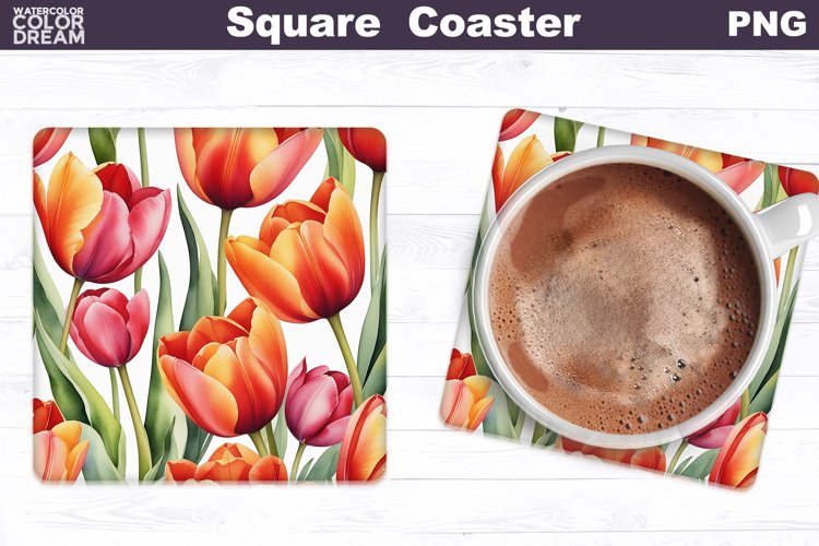 Watercolor Tulip Square Coaster | Spring Flowers Coaster example image 1