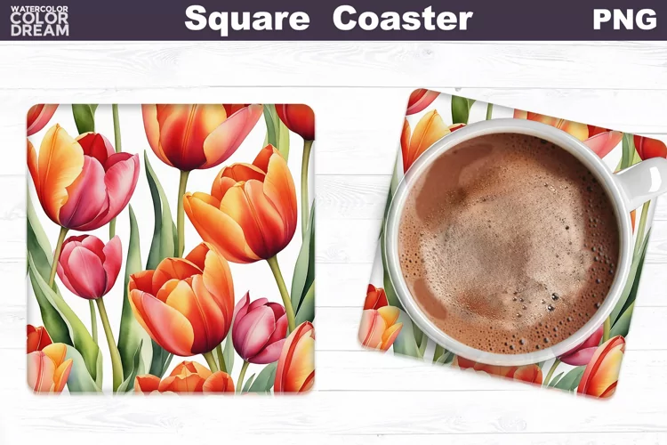 Watercolor Tulip Square Coaster | Spring Flowers Coaster
