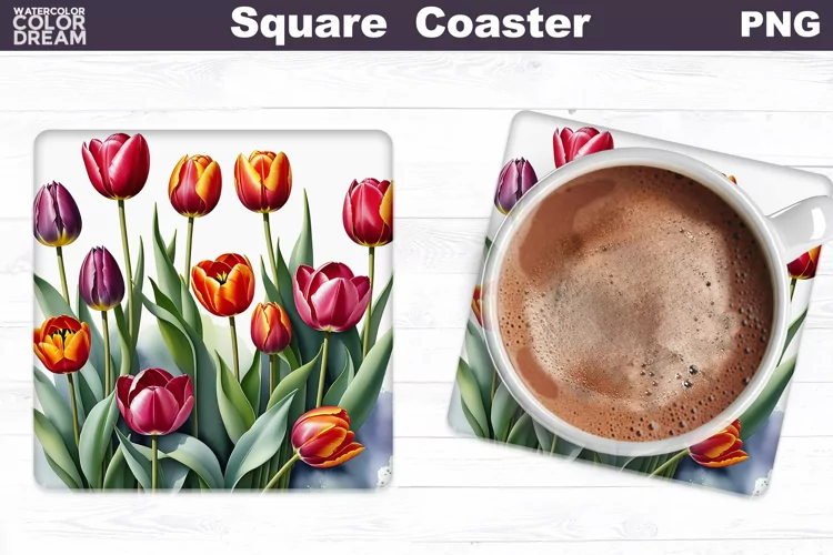 Watercolor Tulip Square Coaster | Spring Flowers Coaster
