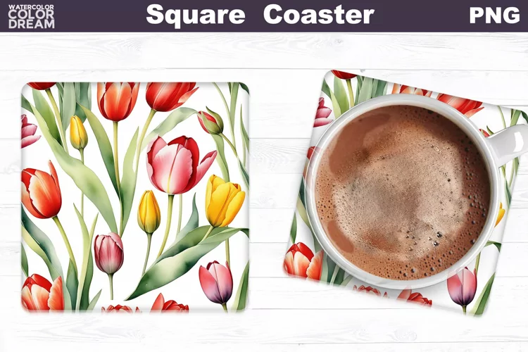 Watercolor Tulip Square Coaster | Spring Flowers Coaster