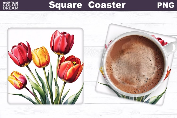 Watercolor Tulip Square Coaster | Spring Flowers Coaster example image 1