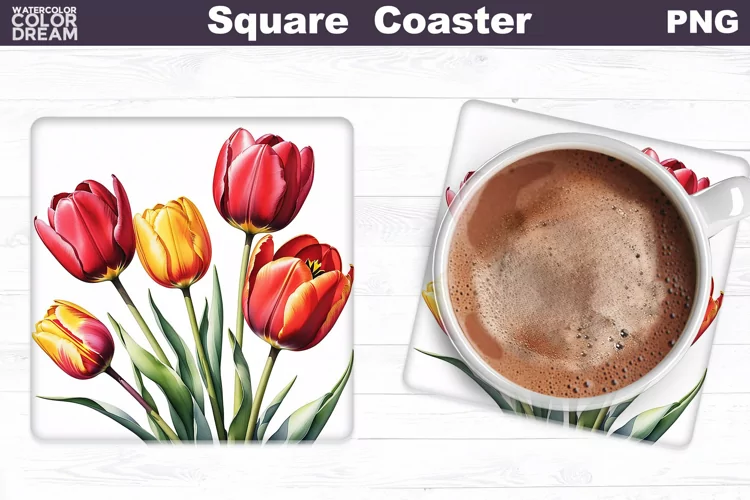 Watercolor Tulip Square Coaster | Spring Flowers Coaster