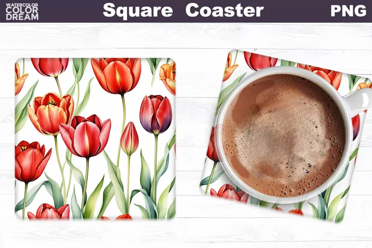 Watercolor Tulip Square Coaster | Spring Flowers Coaster