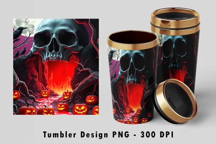 Gothic Skull Cave Fiery Halloween 20oz Tumbler Wrap PNG