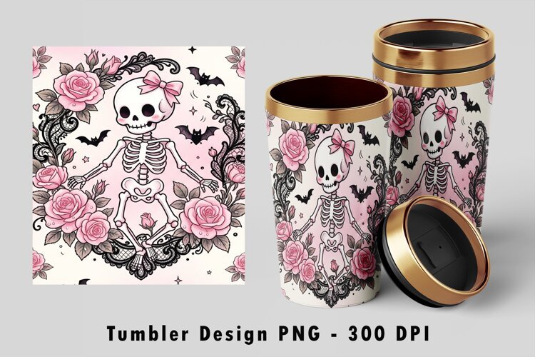 Cute Coquette Skeleton Pink Rose Tumbler Sublimation PNG 300 example image 1