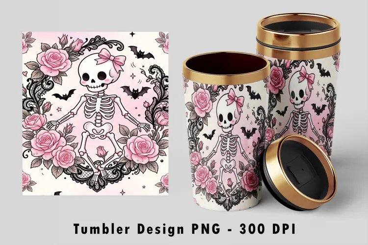 Cute Coquette Skeleton Pink Rose Tumbler Sublimation PNG 300