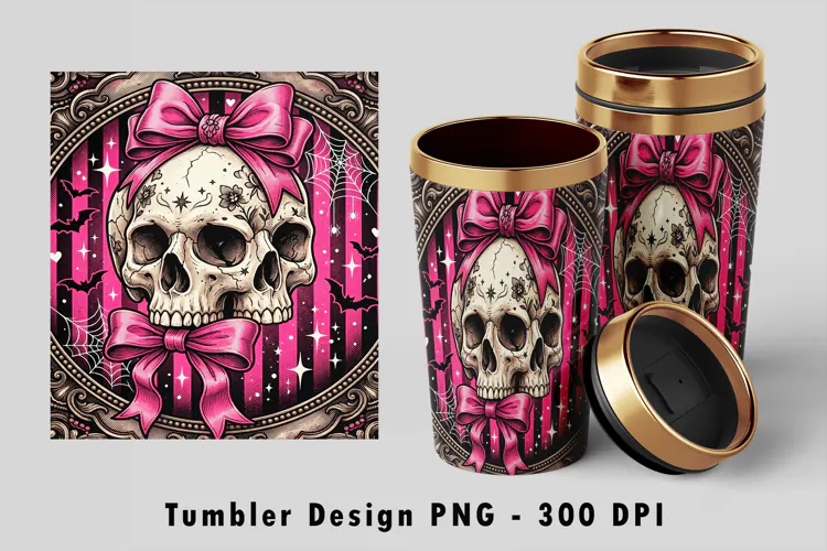 Pink Coquette Skull Tumbler Wrap Sublimation PNG 300 DPI