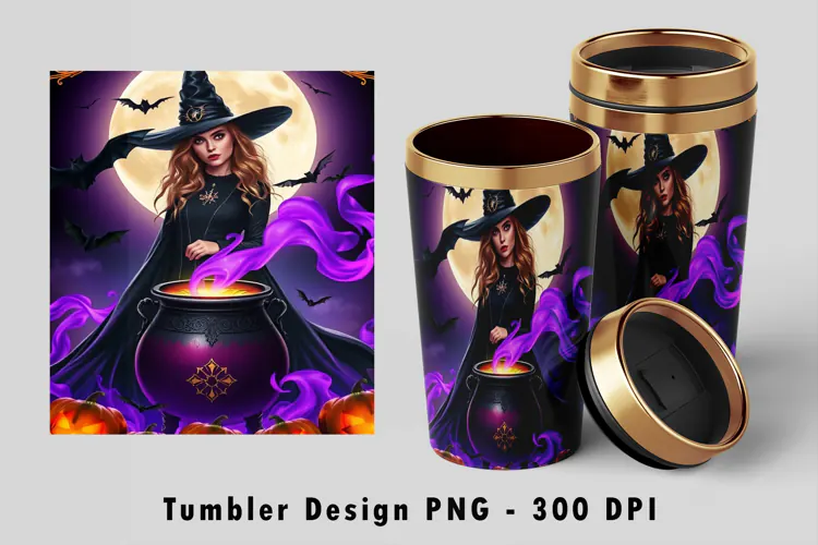 Gothic Witch Cauldron Halloween 20oz Tumbler Wrap PNG