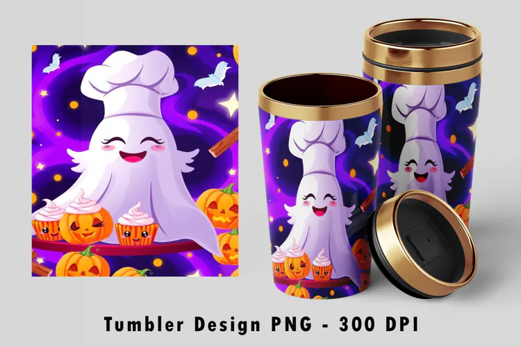 Cute Ghost Chef Baker Halloween 20oz Tumbler Wrap PNG