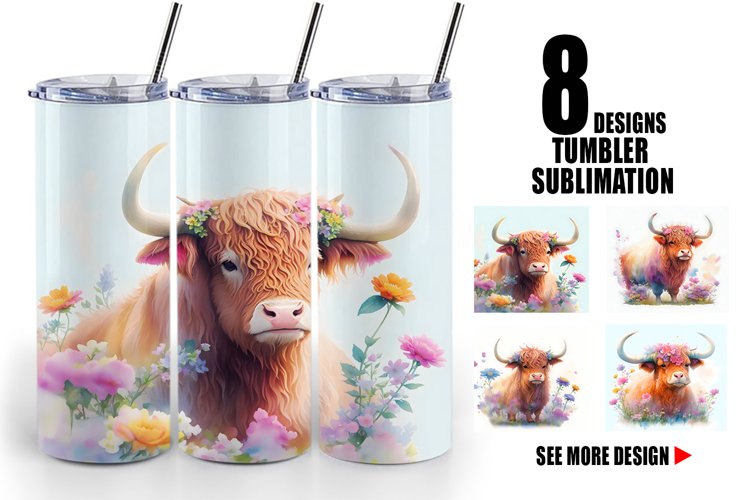 3D Highland Cow Floral| Tumbler Sublimation Wrap