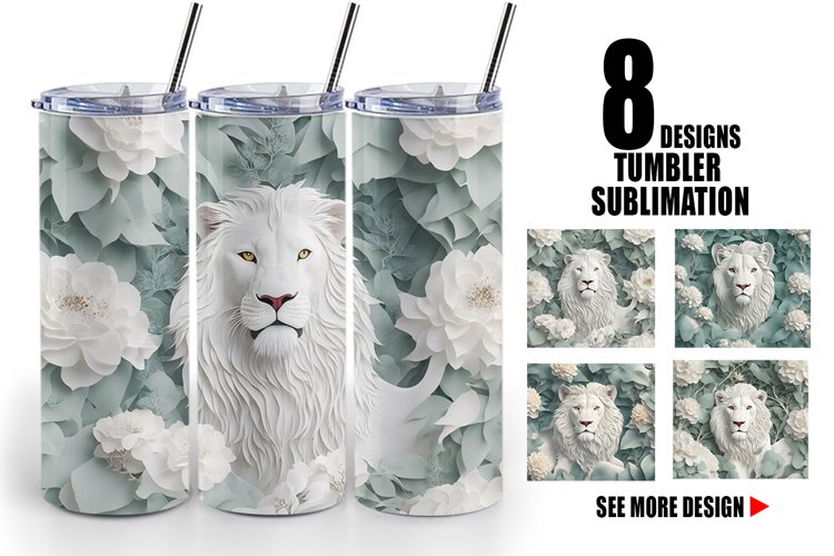 3D White Lion in the Bush| Tumbler Sublimation Wrap