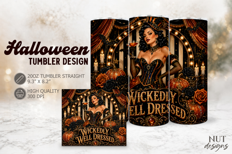 Halloween Tumbler 20oz Creepy circus Pin up witch   cocktail