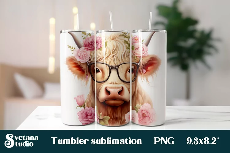 Flower highland cow tumbler | Cow tumbler sublimation design