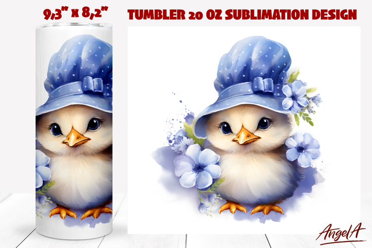 Bird tumbler sublimation Easter chick with blue flowers PNG