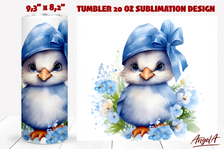 Easter chick with blue flowers PNG Bird tumbler sublimation