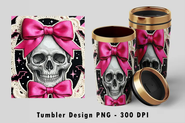 Pink Ribbon Coquette Skull Tumbler Wrap Sublimation PNG 300