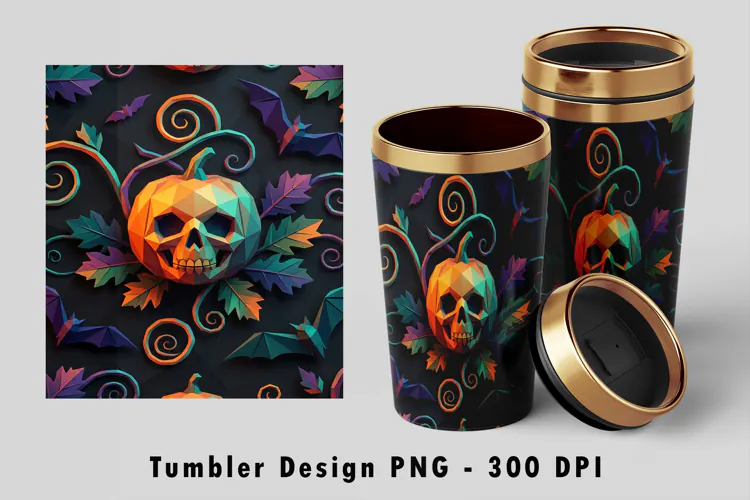 3D Geometric Halloween Pumpkin Skull Tumbler PNG 300 DPI
