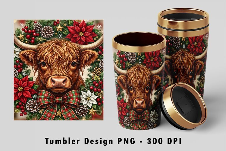 Christmas Highland Cow Tumbler PNG 300 DPI example image 1