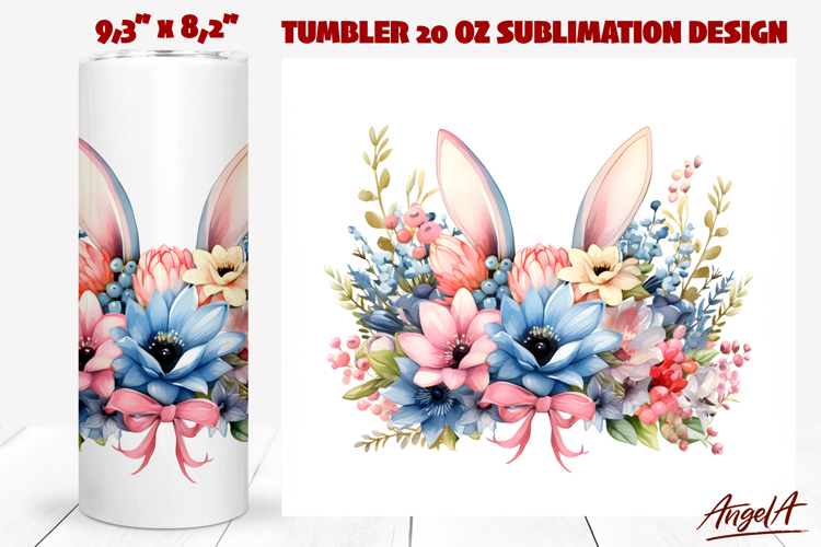 Floral tumbler sublimation watercolor easter bunny ears png