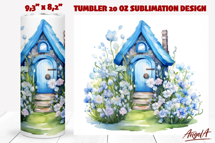 Fairy house with blue flowers tumbler sublimation Easter
