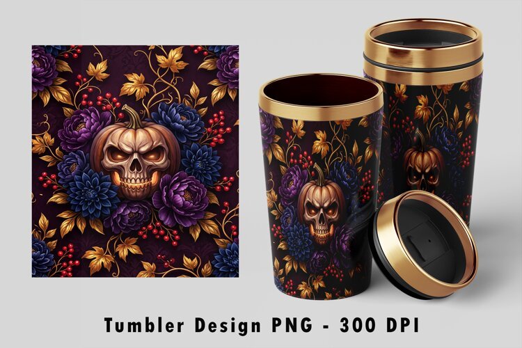 Gothic Floral Pumpkin Skull Tumbler Sublimation PNG 300 DPI example image 1