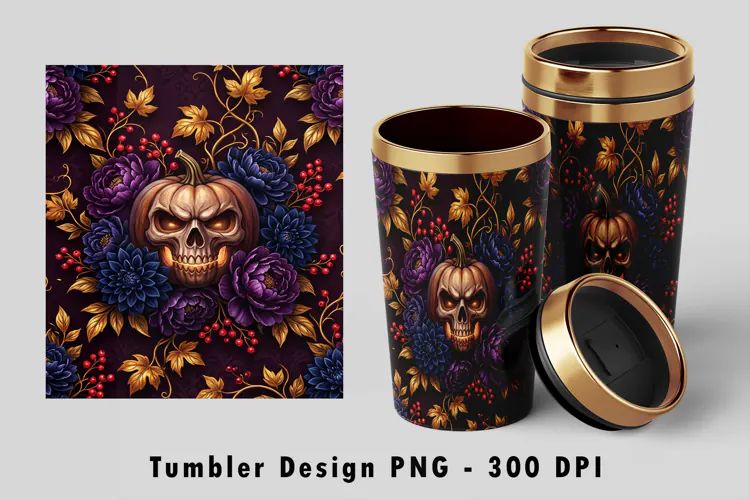 Gothic Floral Pumpkin Skull Tumbler Sublimation PNG 300 DPI