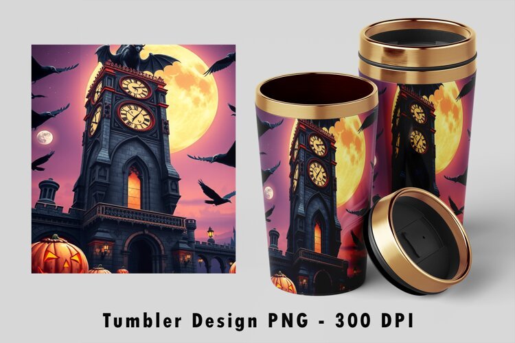 Gothic Clock Tower Halloween 20oz Tumbler Wrap PNG example image 1