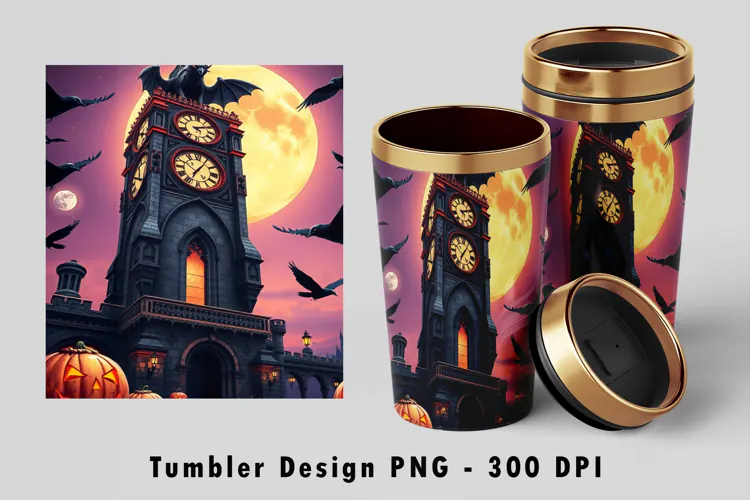 Gothic Clock Tower Halloween 20oz Tumbler Wrap PNG