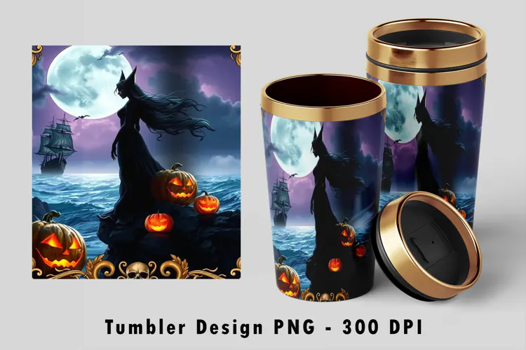 Gothic Sea Witch Pirate Ship Moon 20oz Tumbler Wrap PNG
