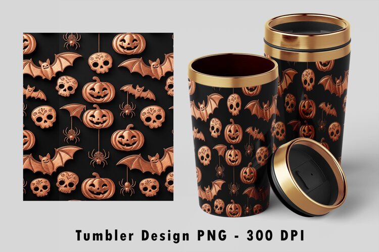Rose Gold Halloween Pumpkin Skull Bat Tumbler PNG 300 DPI example image 1