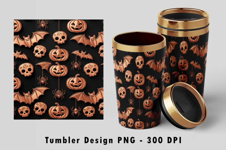 Rose Gold Halloween Pumpkin Skull Bat Tumbler PNG 300 DPI