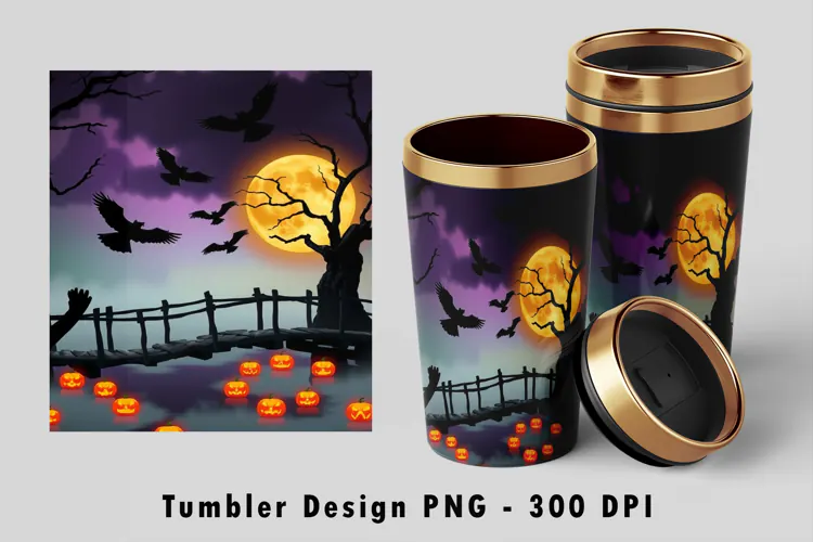 Halloween Moonlit Pumpkin Bridge 20oz Tumbler Wrap PNG