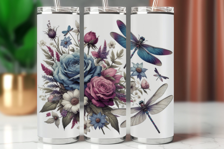 Tumbler Wrap 20 oz - dragonfly flowers