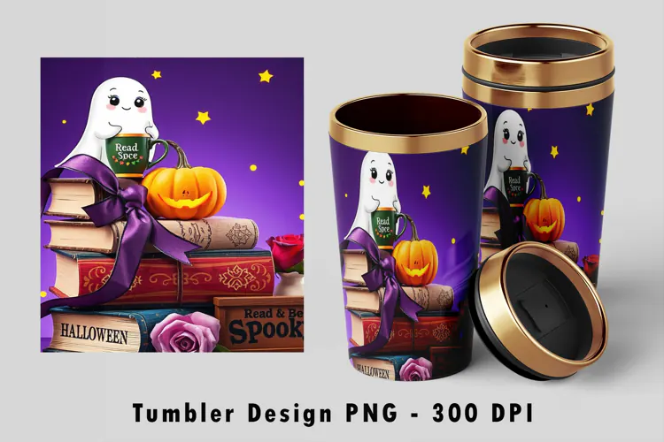 Cute Ghost Bookworm Coffee Tumbler Sublimation PNG 300 DPI