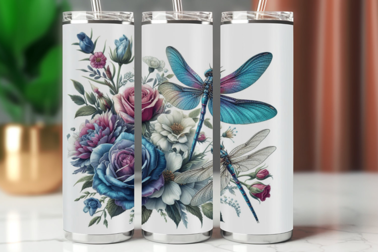 Tumbler Wrap 20 oz - dragonfly flowers