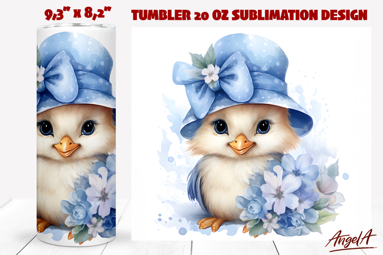 Easter chick with blue flowers PNG Bird tumbler sublimation
