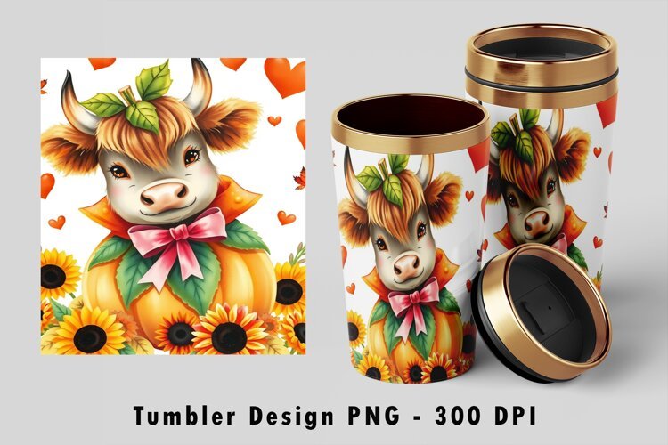 Highland Cow Pumpkin Fall Tumbler Sublimation PNG 300 DPI example image 1