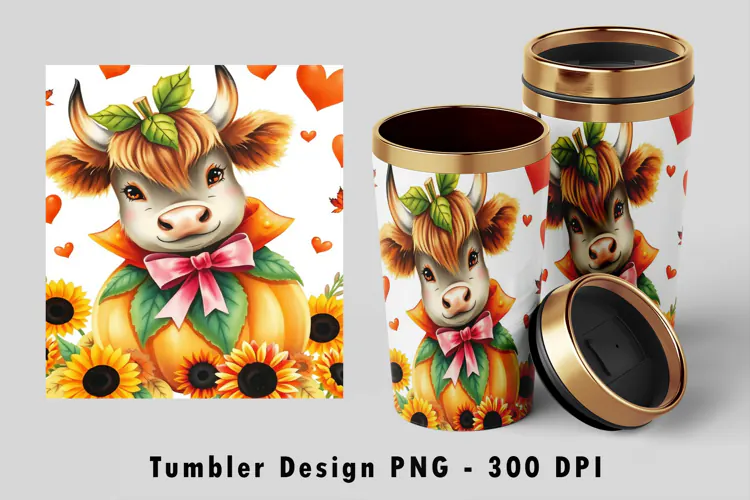 Highland Cow Pumpkin Fall Tumbler Sublimation PNG 300 DPI