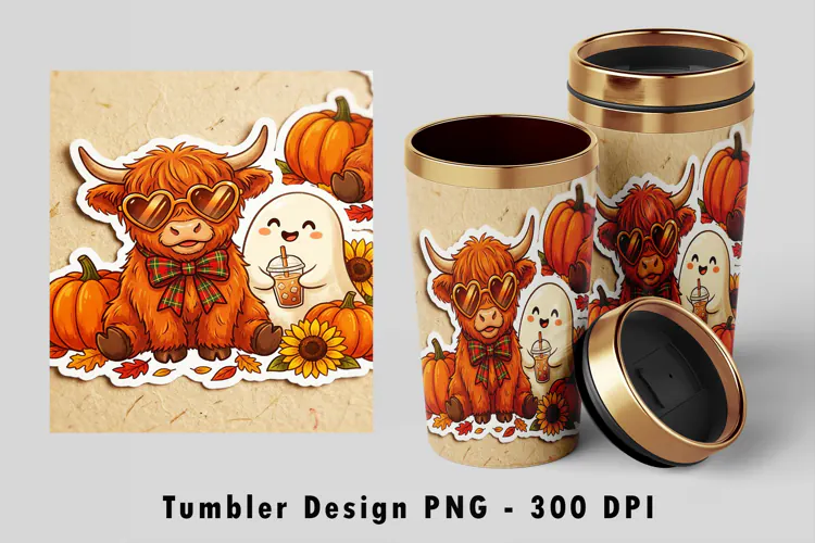 Autumn Highland Cow & Ghost Tumbler Wrap PNG 300 DPI