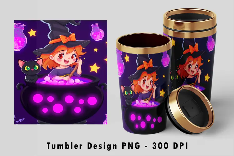 Cute Little Witch Cauldron 20oz Tumbler Wrap PNG