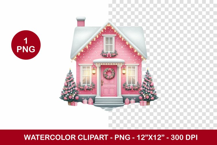 png watercolor clipart - pink christmas house