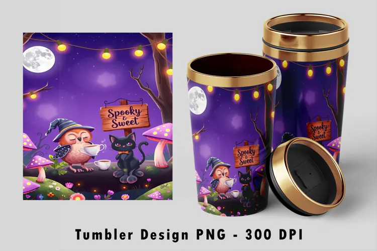 Spooky and Sweet Owl Cat Halloween 20oz Tumbler Wrap PNG