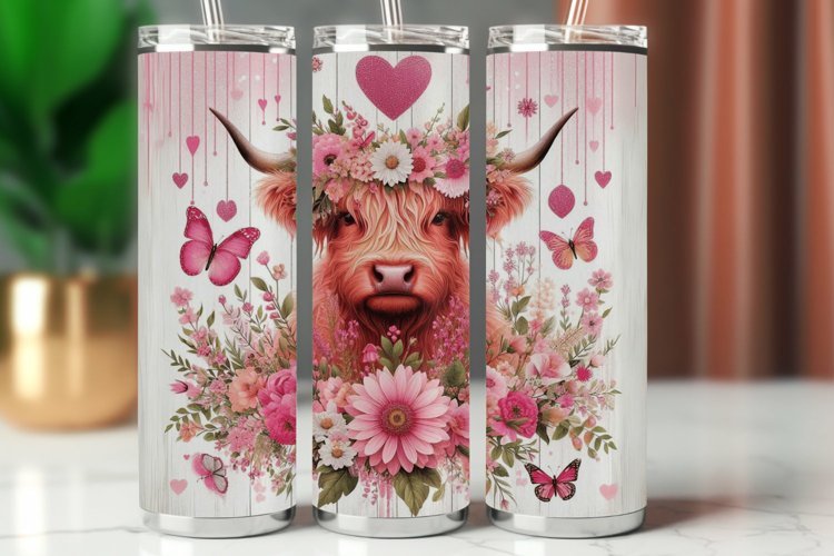 Tumbler Wrap 20 oz - pink floral highland cow