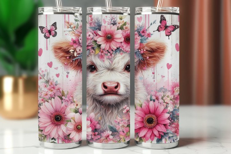 Tumbler Wrap 20 oz - pink floral highland cow (4892890)