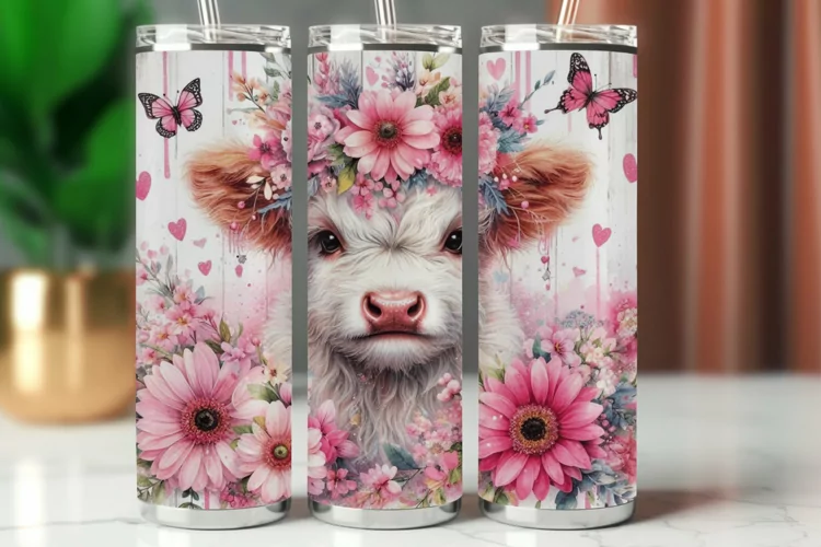Tumbler Wrap 20 oz - pink floral highland cow