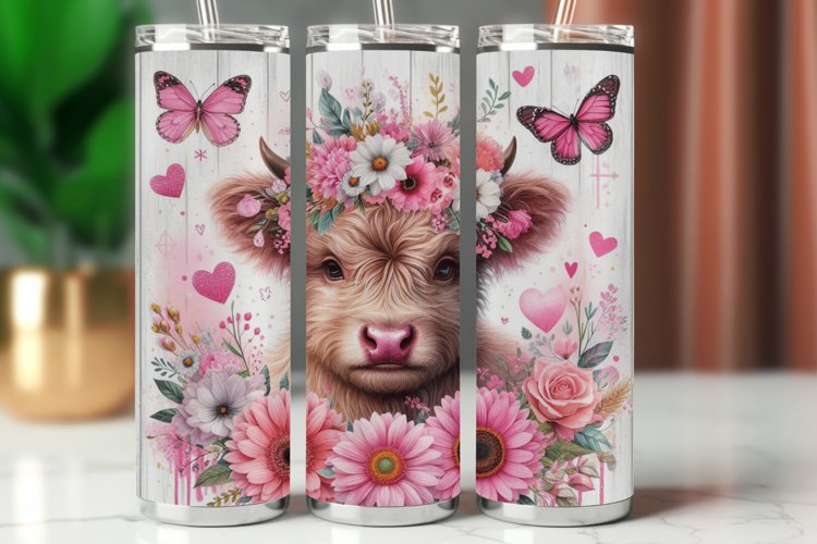 Tumbler Wrap 20 oz - pink floral highland cow example image 1
